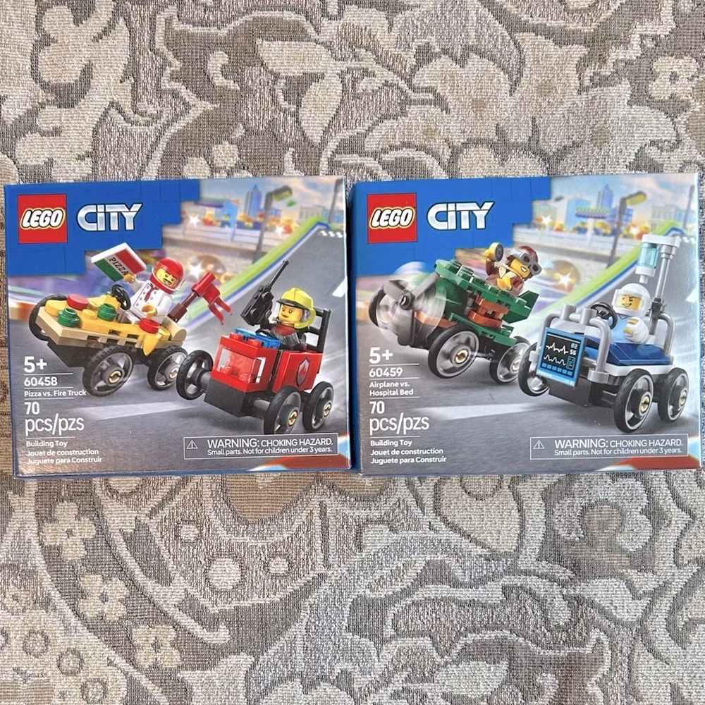 2 Lego City Kits: Pizza VS Fire Truck #60458 & Airplane VS Hospital Bed #60459